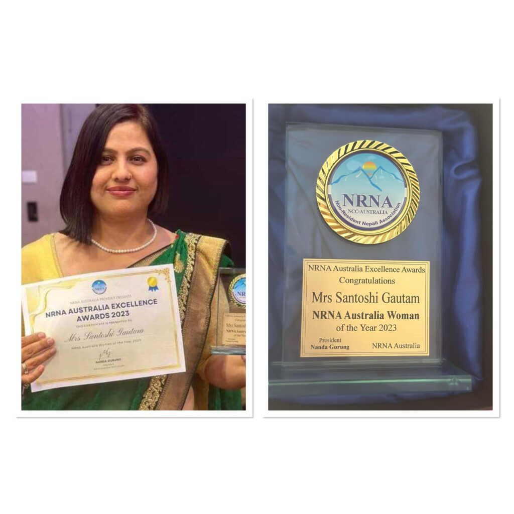 सामाजिक क्षेत्रमा क्रियाशिल सन्तोषी गौतमलाई एनआरएनए अष्ट्रेलिया एक्सिलेन्सी अवार्ड