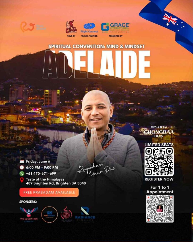 ‘Mind and Mindset’ मा ध्यान र ज्ञानको संगम, एडिलेडमा रुपेश्वर गौर दाससँग विशेष कार्यक्रम